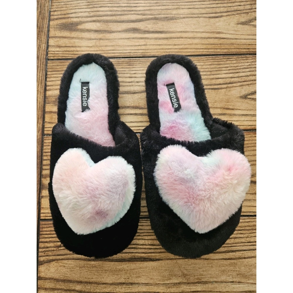 Kensie Black Faux Fur Slide Slippers Pastel Tie Dye Plush Heart Coquette XL